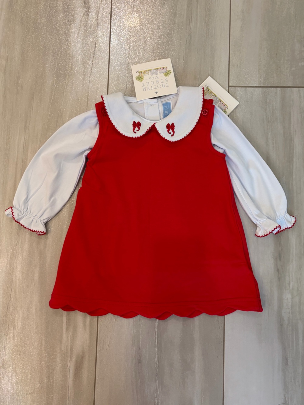 NWT Trotter Street Kids Festive Holiday Bow Shirt & Jumper Dress Set Girls 12M